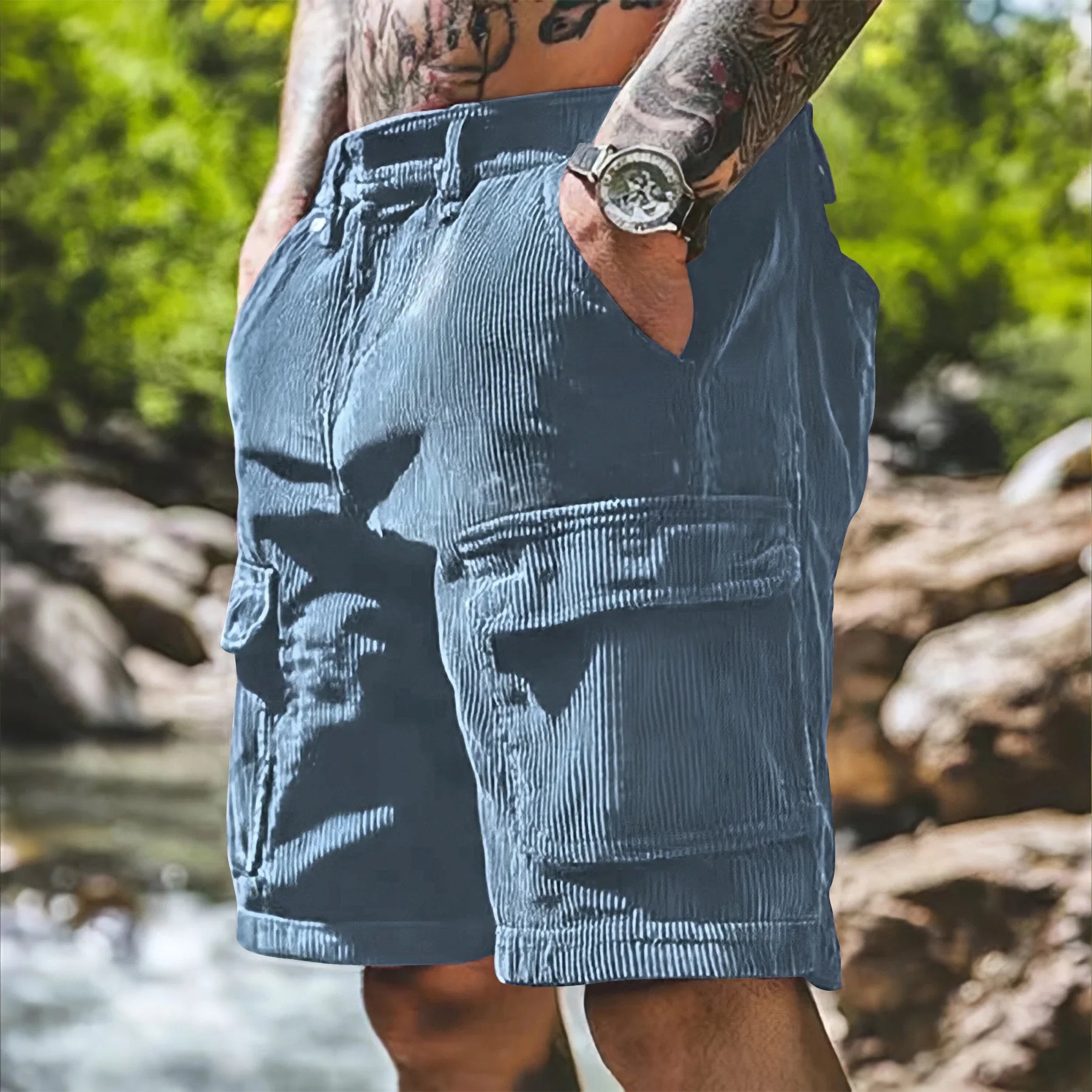 Summer Men's Corduroy Casual Shorts Solid Color Multi Pocket Safari Style Loose Shorts Men Fashion Straight Sports Knee Length
