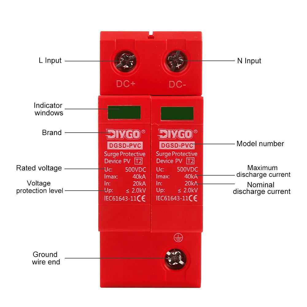 DC SPD Surge Protector Device lightning 20ka 40ka 60ka 2P 500V 600V 800V 1000V for Pv Solar System Low-voltage Arrester Device