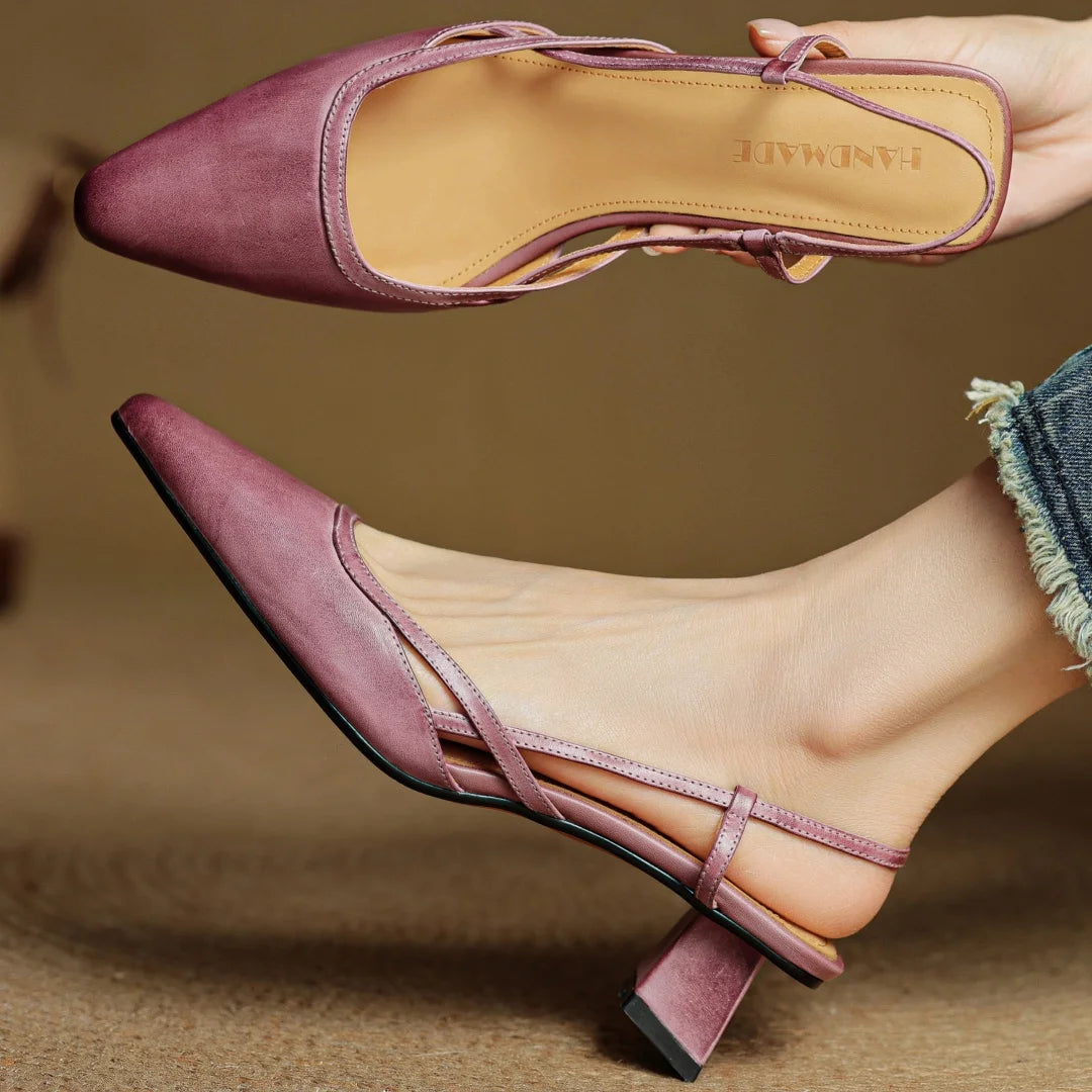 Women's cow leather pointed toe slingback 4.5cm kitten heel summer pumps elegant ladies slim daily dress heeled shoes sandals