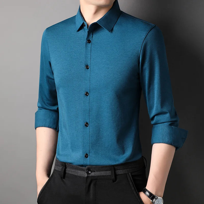 Top Grade Mulberry Silk 5.2% New Slim Fit Fashion Designer Brand Luxury Men Shirts 2025 Long Sleeve Plain Casual  Mens Clothes