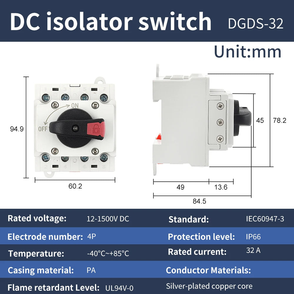 4P DIN-Rail Mount DC Isolator Rotary Switch 32A DC 1200V/1500V Rotating Handle Disconnect Switch for PV Distribution Box