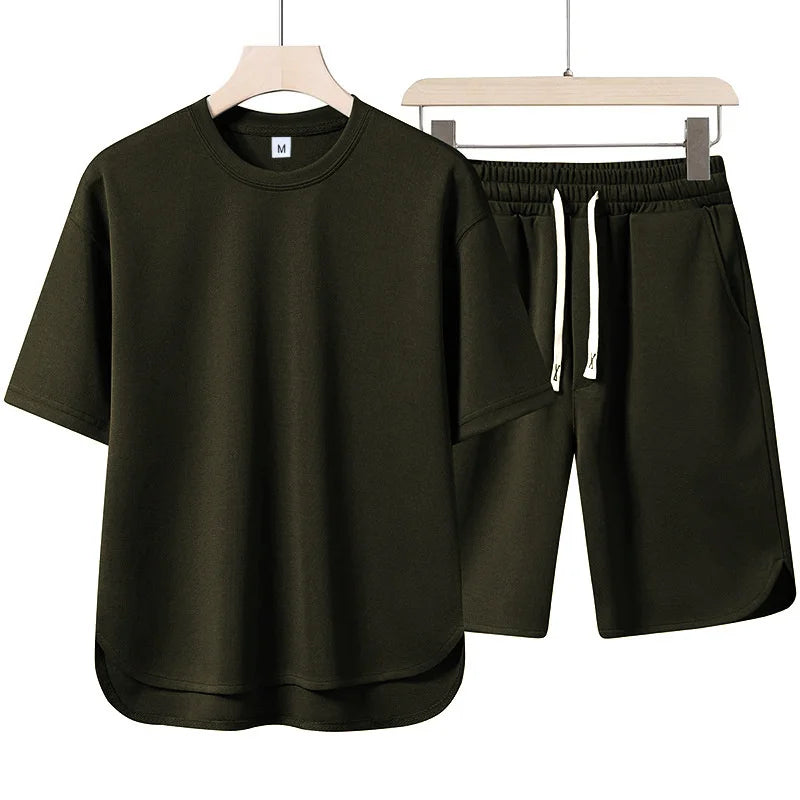 2025 Summer New Men Suit Round Neck Short Sleeve T-shirt+shorts Two Piece Set Loose Outdoor Sports Casual Solid Color Tracksuit