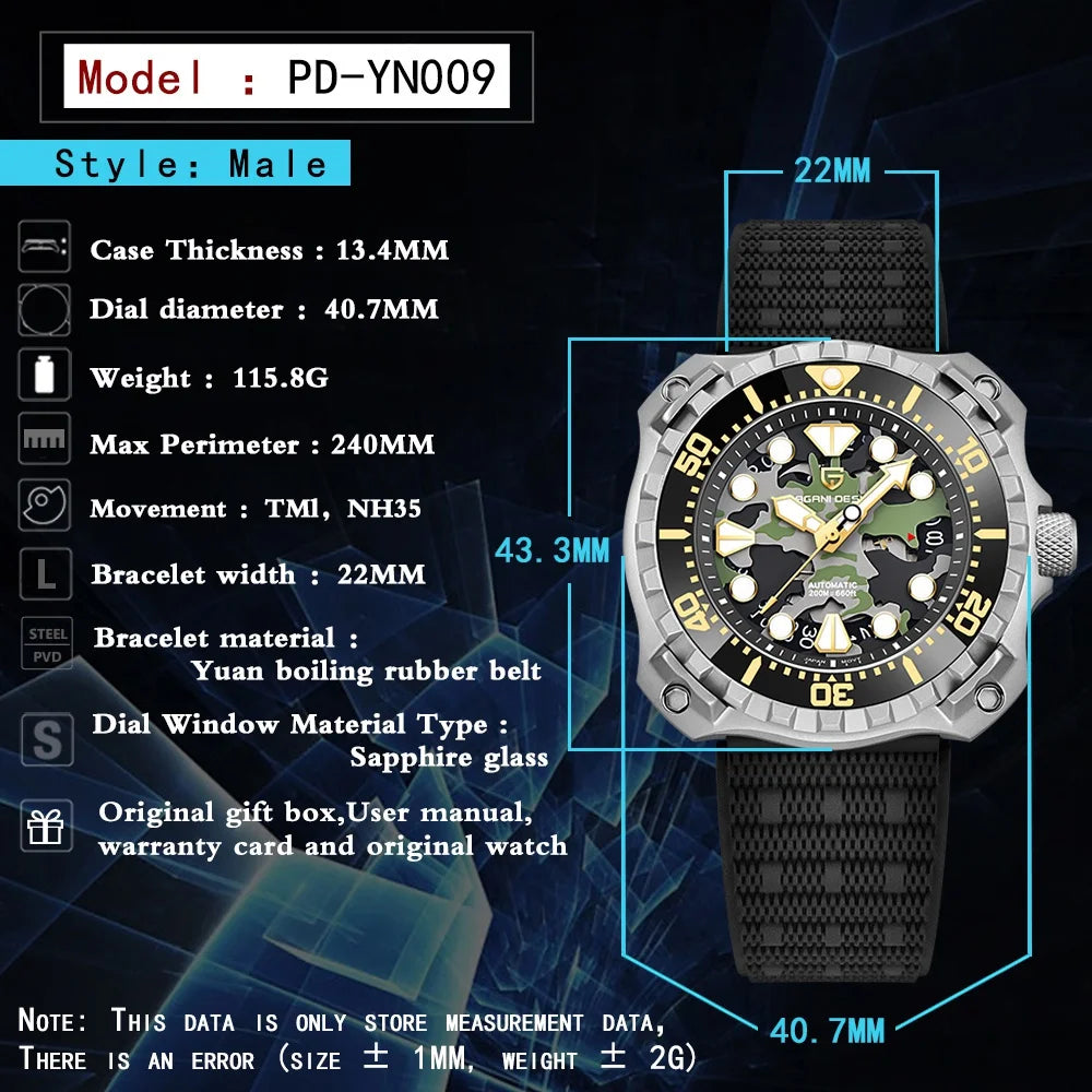PAGANI DESIGN Men's Mechanical Watch Military Camouflage Hollow Dial NH35 Movt Sapphire 200m Waterproof Automatic Wristwatch