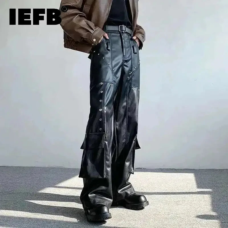 IEFB Spring Men's Leather Trousers Rivet Niche Design PU Casual Pants Solid Color Wide Leg Male Streetwear Niche Design 24X3131