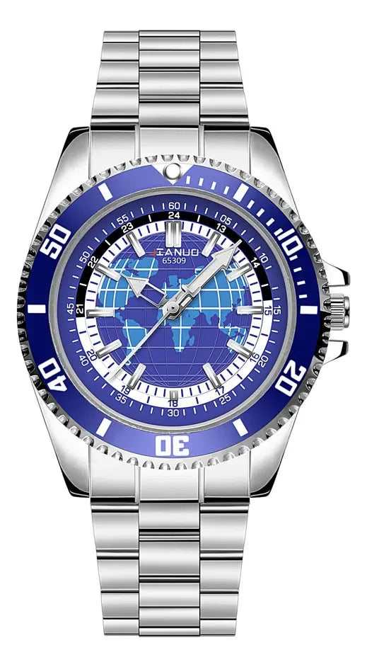 New Stylish Trendy Men Sports Quartz Watch With Stainless Steel Strap Map Luminous Hands
