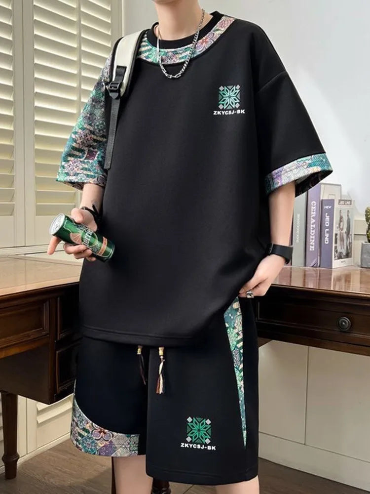 Summer New Fashion Trend Print Comfortable Breathable Short Sleeve Shorts Set Men's Casual Loose Sports Plus Size Two-Piece Set