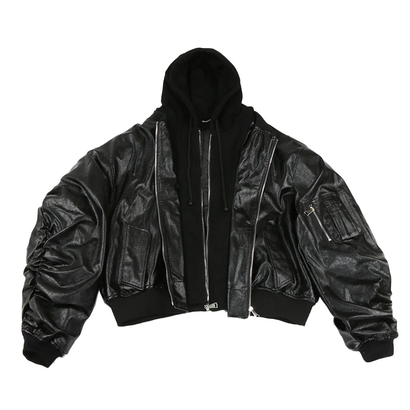 Nerazzurri Autumn Winter Cool Handsome Oversized Brown Thickened Warm Leather Jacket Men with Hood Fake 2 Piece European Clothes