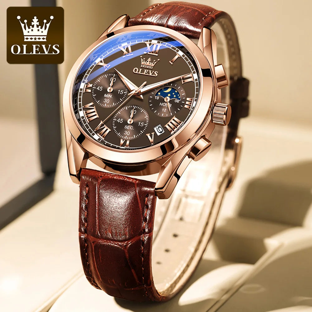 OLEVS 2871 Quartz Watches for Men Fashion Leather Strap 30M Waterproof Chronograph 24 Hour Moon Phase Auto Date Luxury Man Watch