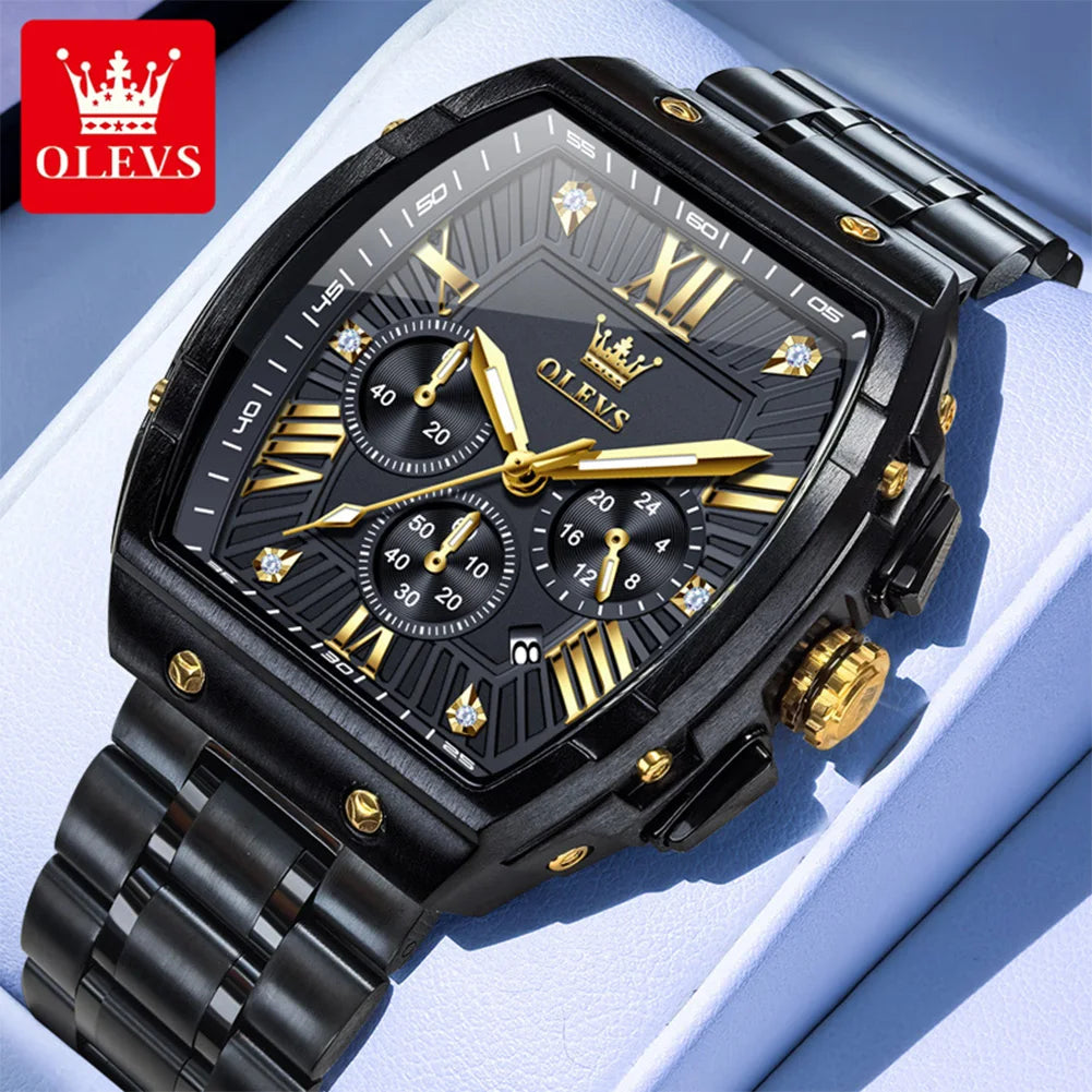 OLEVS 5639 Mens Watch Original Business Tonneau Quartz Watch Stainless Steel Waterproof Luminous Sports Date Watches New