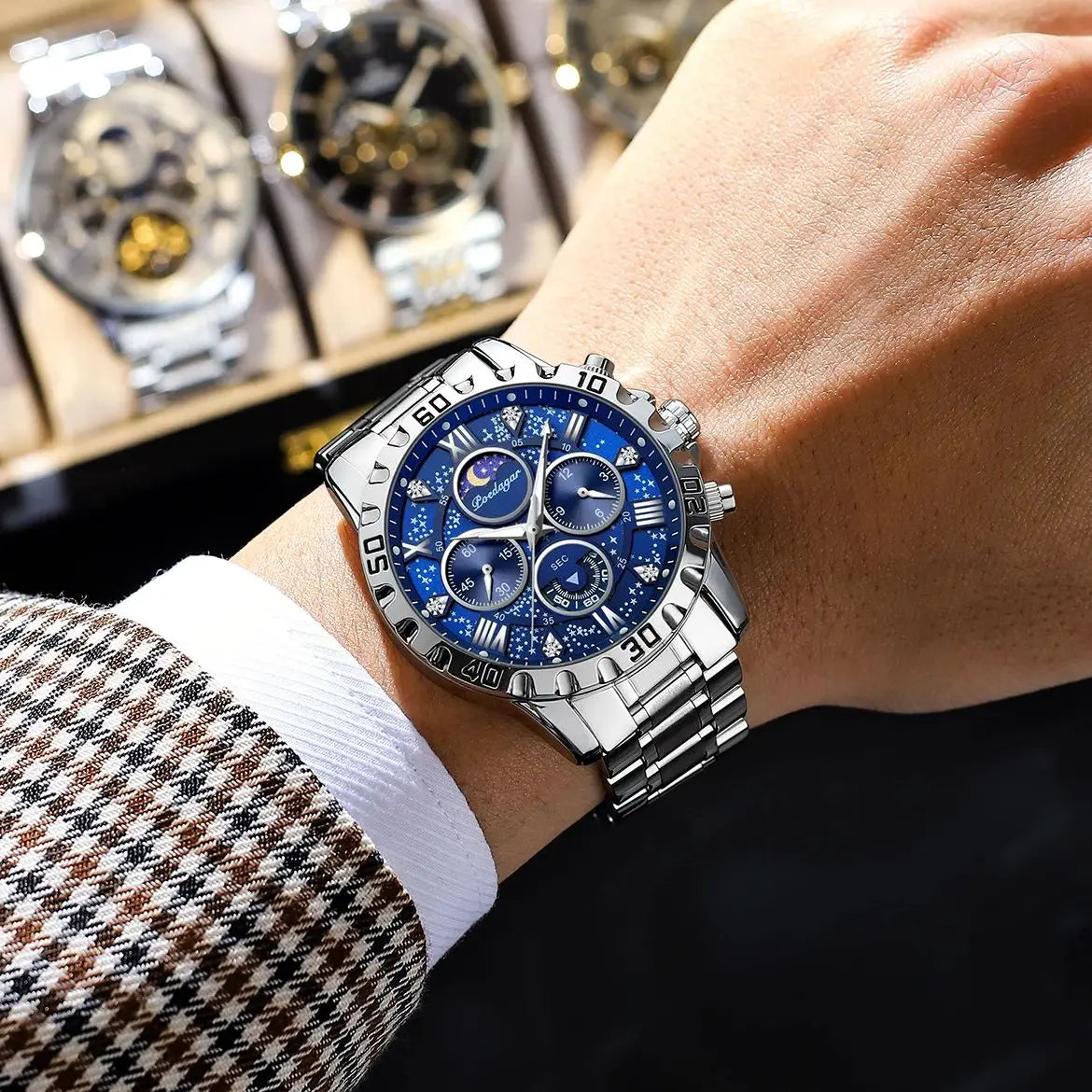POEDAGAR Luxury Man Wristwatch Waterproof Luminous Chronograph Sports Men Watch Stainless Steel Fashion Quartz Men's Watches+Box