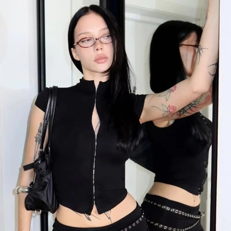 American retro y2k Millennium Spice Girl design sense button slim sexy original perennial solid color top summer new top female