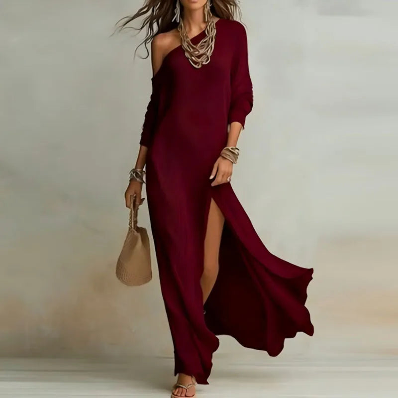 Spring One Shoulder Long Sleeve Holiday Dress Woman Sexy Skew Collar Split Bohemian Dress Elegant Solid Slim Casual Maxi Dresses