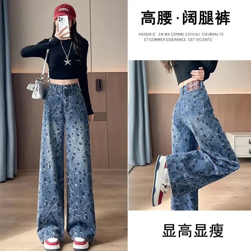 2026 New Embroidered Straight Jeans Women Fashion Denim pants Female Autumn High Waist wide-leg pants Ladies Casual Trousers