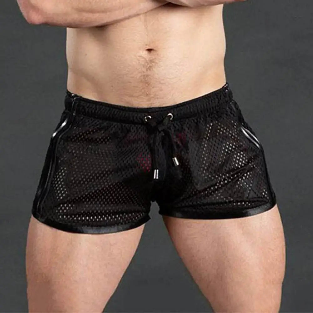 Summer Men Sport Shorts Color Matching Hollow Mesh Loose Drawstring Elastic Waist Quick Dry Jogging Gym Vacation Beach Shorts