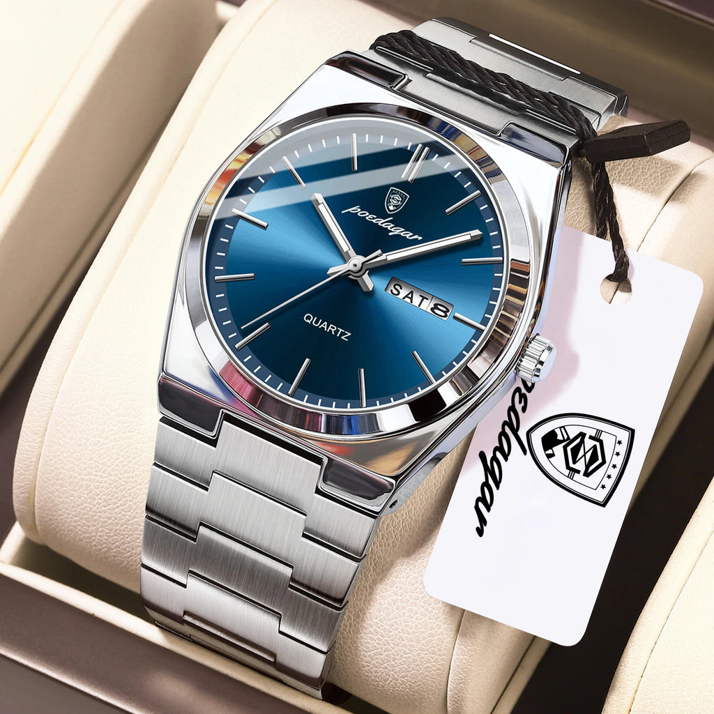 POEDAGAR Luxury Men's Watches Waterproof Luminous Date Week Simple Male Clock Stainless Steel Fashion Quartz Watch For Man Reloj