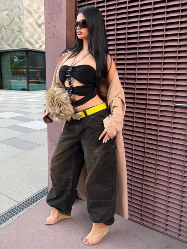 Sisterlinda Sexy Halter Camisole Women Bead Decoration Irregular Hollow Backless Hottie Stretch Skinny Street Midnight Clubwear