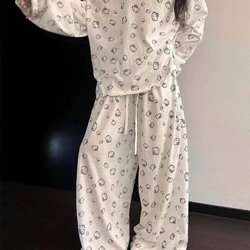 Korean Hello Kittys Printed Pajamas for Women Spring and Autumn Off-Shoulder Long Sleeves+ Trousers 2Pcs Girl Loose Home Clothes