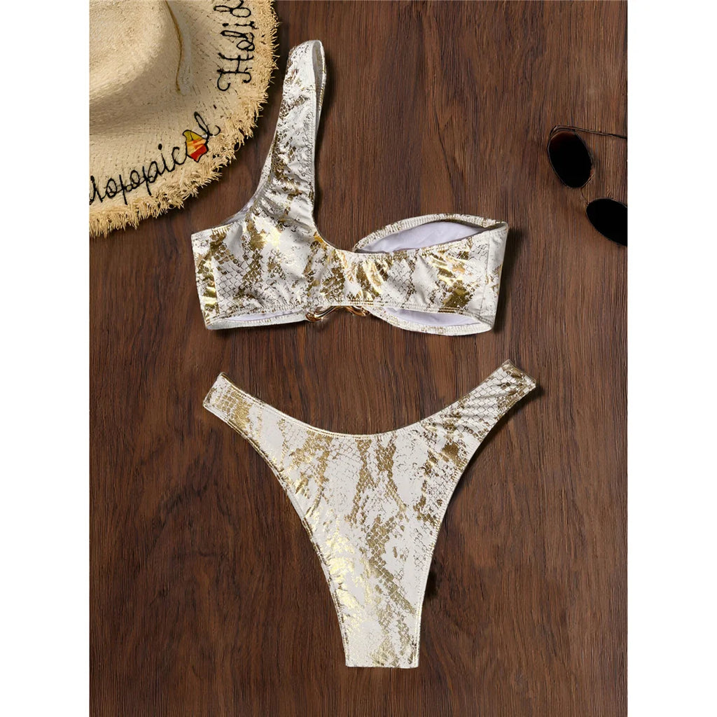 S - XL Printed One Shoulder Bikini Female Swimsuit Women Swimwear Two-piece Bikini set Brazilian Bather Bathing Suit Swim Beachw