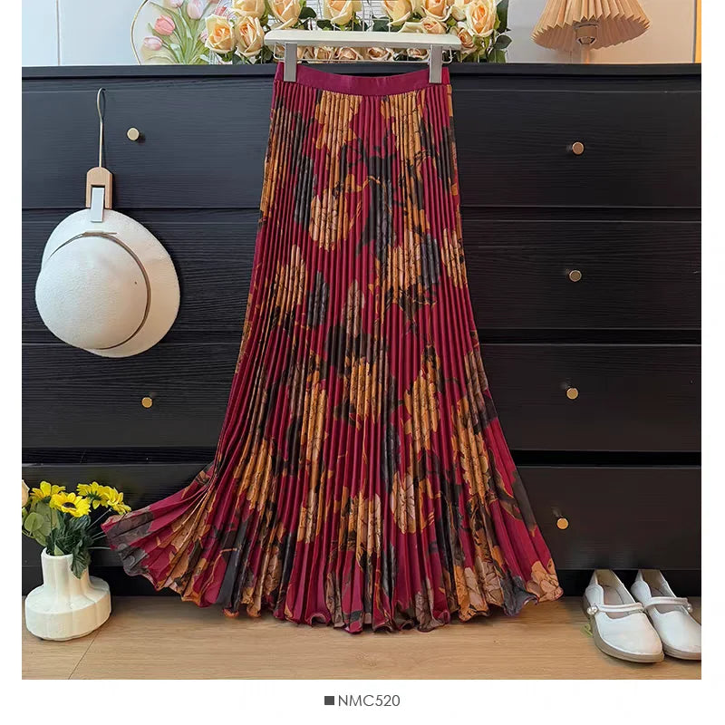 Bohemian Print Beach Skirts Female High Waist Flowy A-Line Pleated Maxi Skirt for Vacation Resort Wear & Spring Fall Fashion