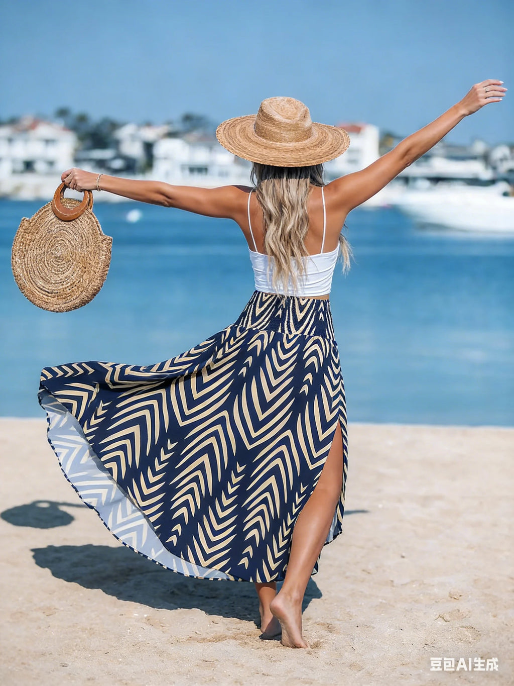 Women's New Beach Skirt, Geometric Print Shirred Design, Perfect for Summer Vacation Wear