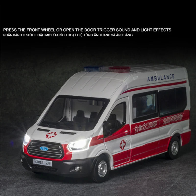 1:34 FORD Transit Alloy Ambulance Vehicles Car Model Diecast Metal Toy Broadcast Car Model Simulation Sound and Light Kids Gifts