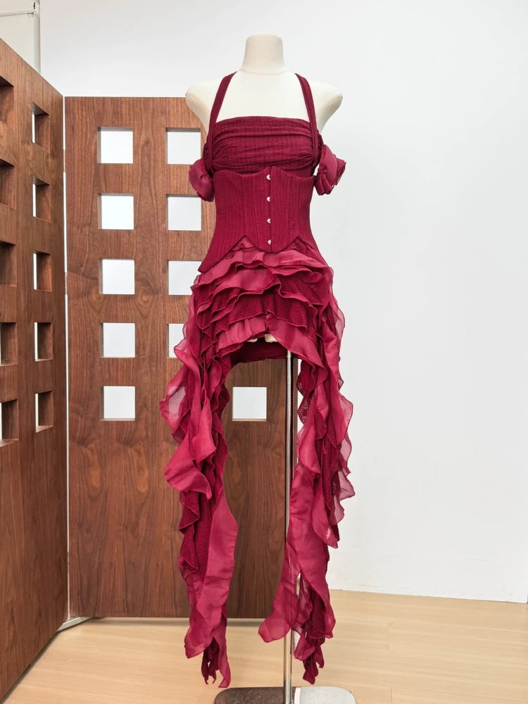 Women Ruffles Draped Dress Three Piece Sets Sexy Halter Neck Folds Ruffled Dress+Lace-up Corset Top+Shorts Suits Party Cocktail