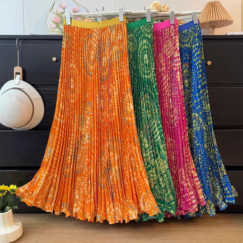 Bohemian Print Beach Skirts Female High Waist Flowy A-Line Pleated Maxi Skirt for Vacation Resort Wear & Spring Fall Fashion