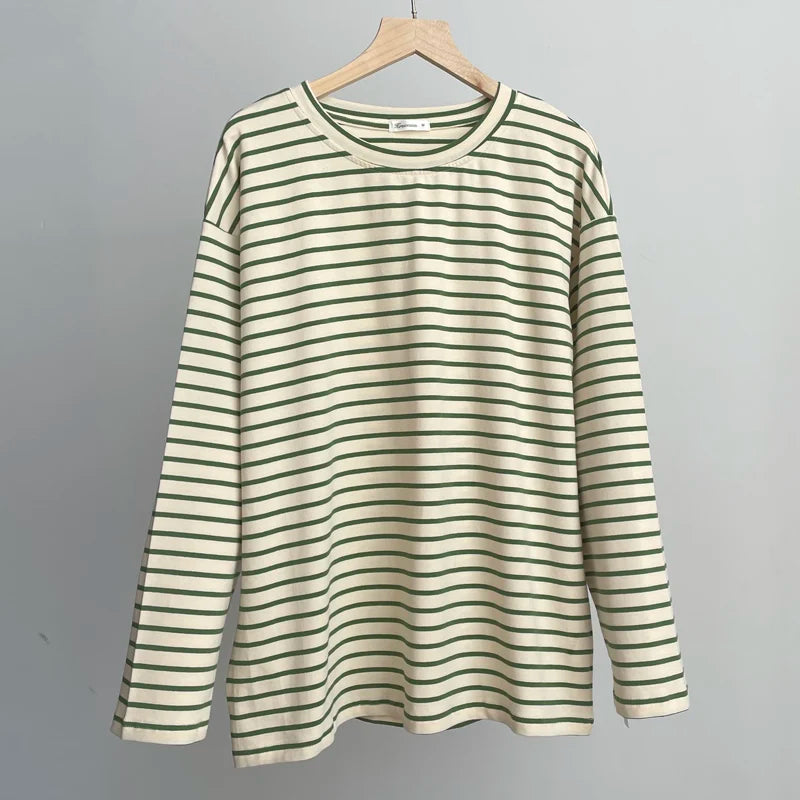 Hirsionsan 2023 Basic Thick Stripes T Shirts Women Autumn Long Sleeves Loose Bottom Ladies Casual Knitted Cotton Woman Clothing