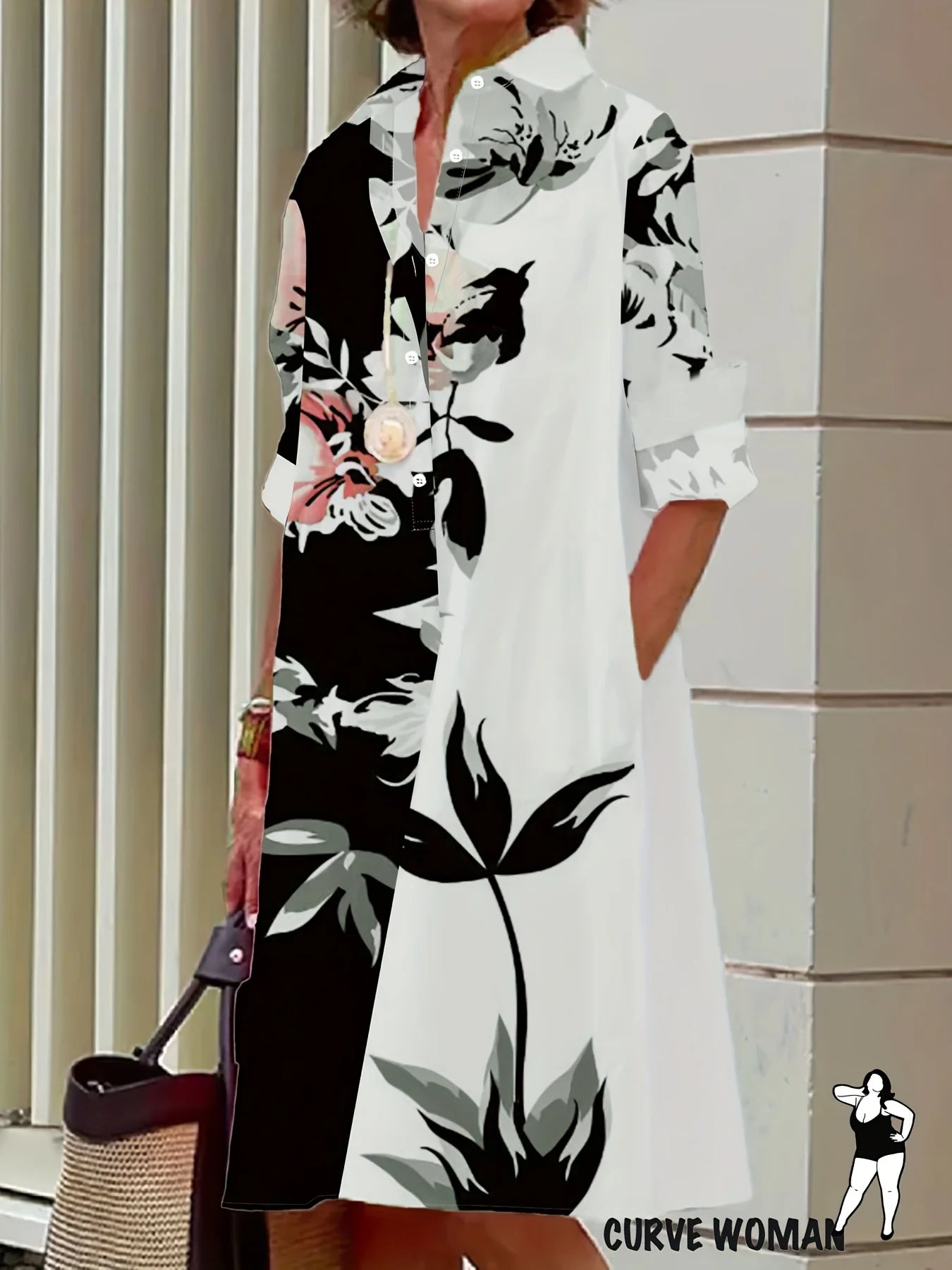Plus Size Casual Floral Print Shirt Dress Black White Pink Non-Stretch Woven Dresses for Women Daily Wear Office Outing 