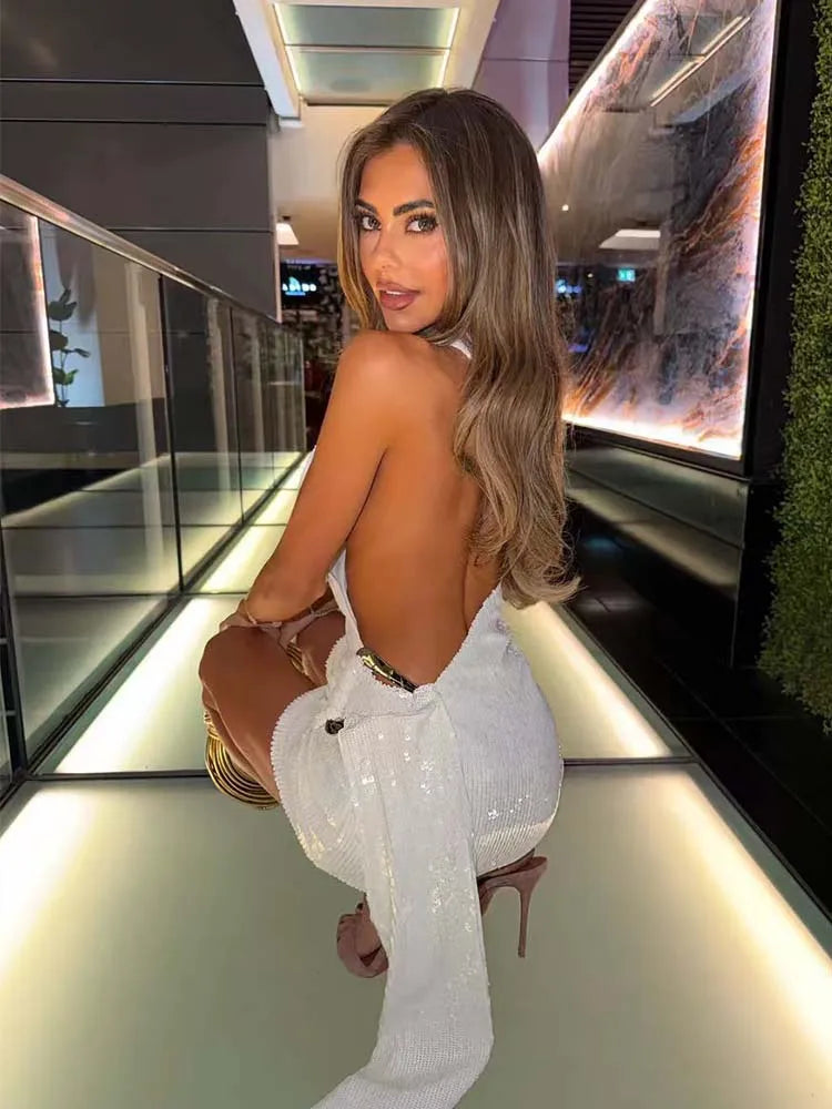 Sexy Sequin One-Shoulder Mini Dress Wome Backless Metal Buckle Ribbon Ruched Bodycon Dress Summer Shiny Nightclub Party Vestidos