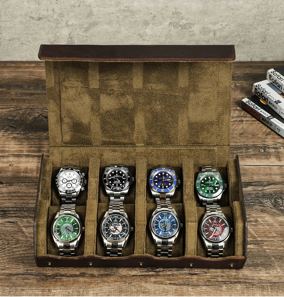 High-end Leather 8 Slot Watch Boxes Organizer for Men Travel Storage Display Bag Luxury Retro Crazy Horse Skin Fall Prevention