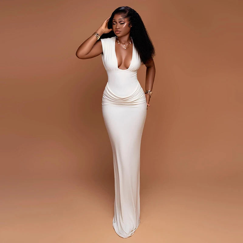 Elegant Deep V-Neck Dress Women Sexy Ruched Sleeveless Basic Stretch Fashion Birthday Party Banquet Bodycon
