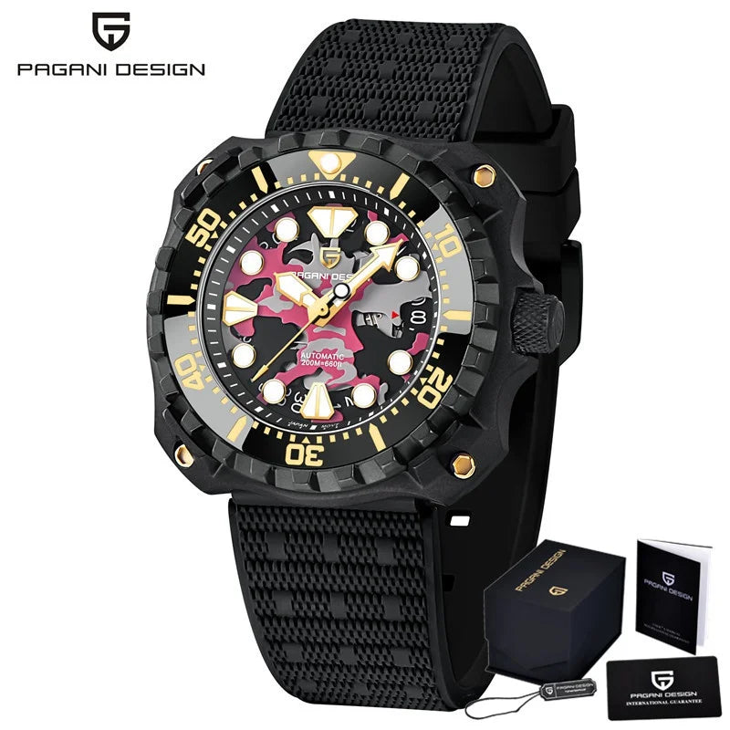 PAGANI DESIGN Men's Mechanical Watch Military Camouflage Hollow Dial NH35 Movt Sapphire 200m Waterproof Automatic Wristwatch