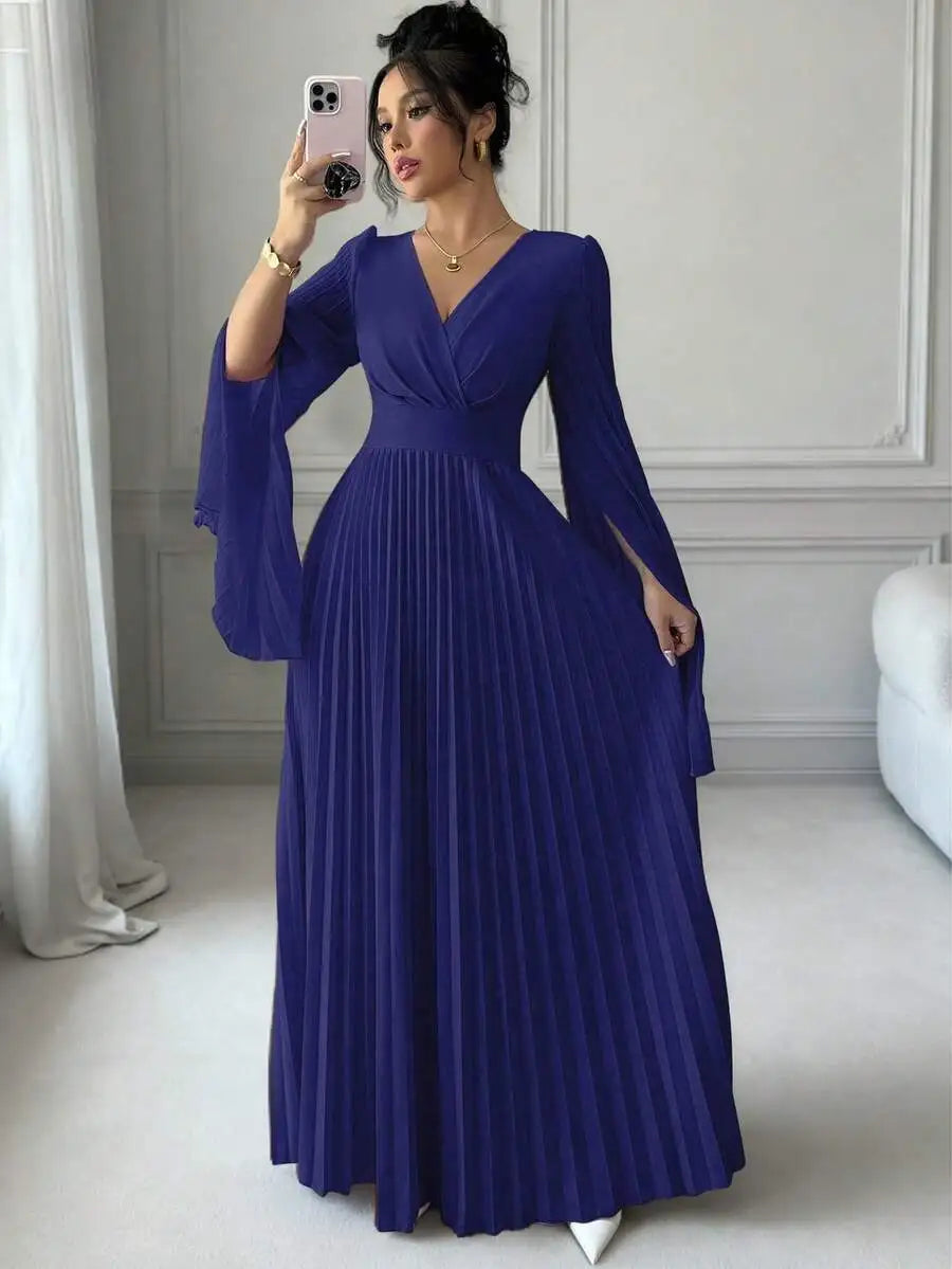 Lavender V-Neck Pleated Maxi Dress with Bell Sleeves Elegant Formal Gown