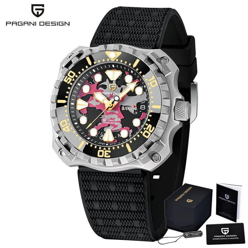 PAGANI DESIGN Men's Mechanical Watch Military Camouflage Hollow Dial NH35 Movt Sapphire 200m Waterproof Automatic Wristwatch