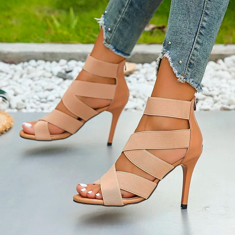 Super High Heel Sandals for Women Sexy Open Toes Elastic Broadband Crossover Zipper Gladiator Shoes Party Wedding Pumps