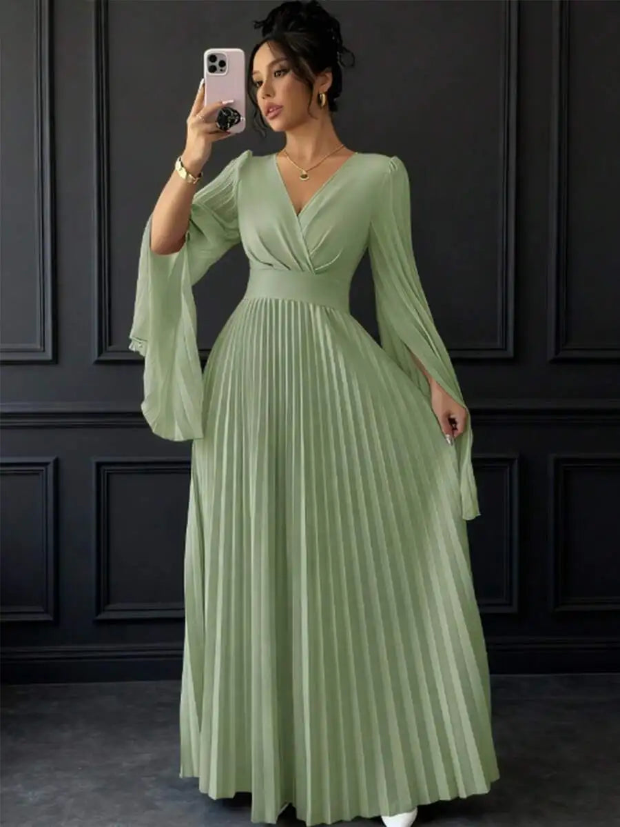 Lavender V-Neck Pleated Maxi Dress with Bell Sleeves Elegant Formal Gown