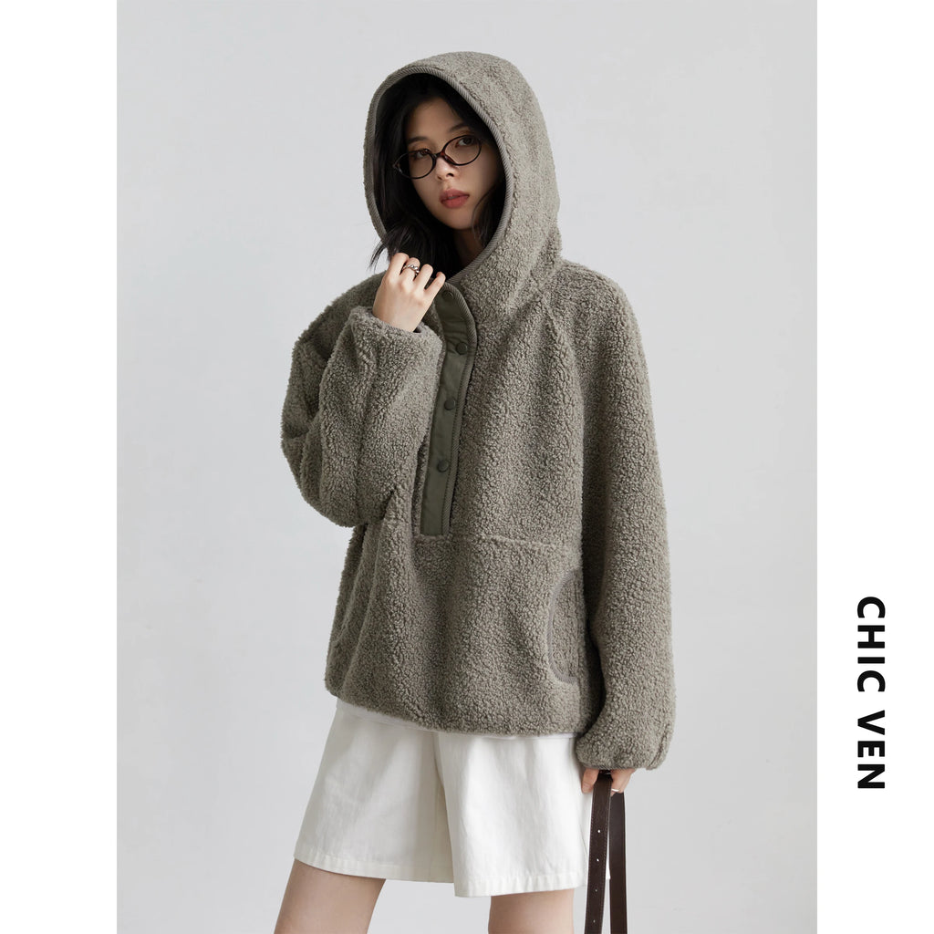 CHIC VEN Women Jackets Solid Loose Casual Split Hooded Short Coat Granular Fleece Warm Female Top Outerwear Autumn Winter 2025