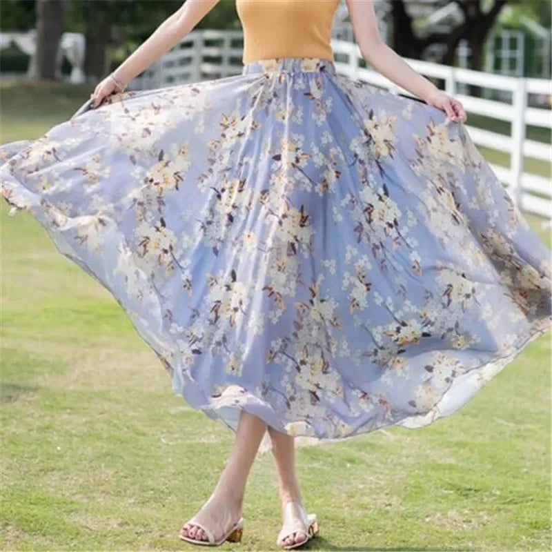 Elegant Skirts for Women Summer New Chiffon Half-body Skirt Crushed Flower Vacation Style Women's Beach Skirt Pleated Skirt
