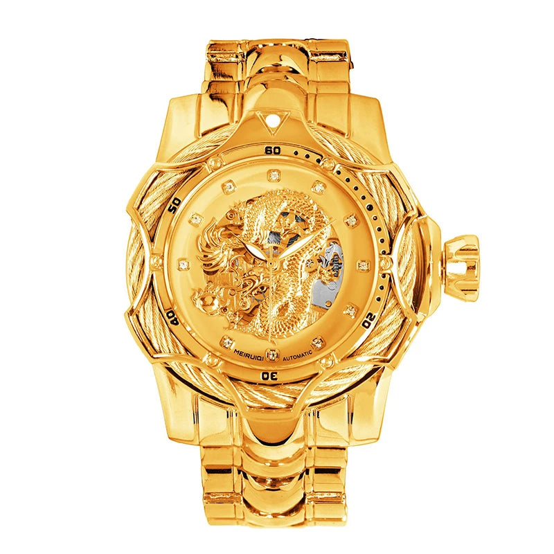 A men's yellow party style elegant dragon shaped carved fully automatic tourbillon mechanical watch
