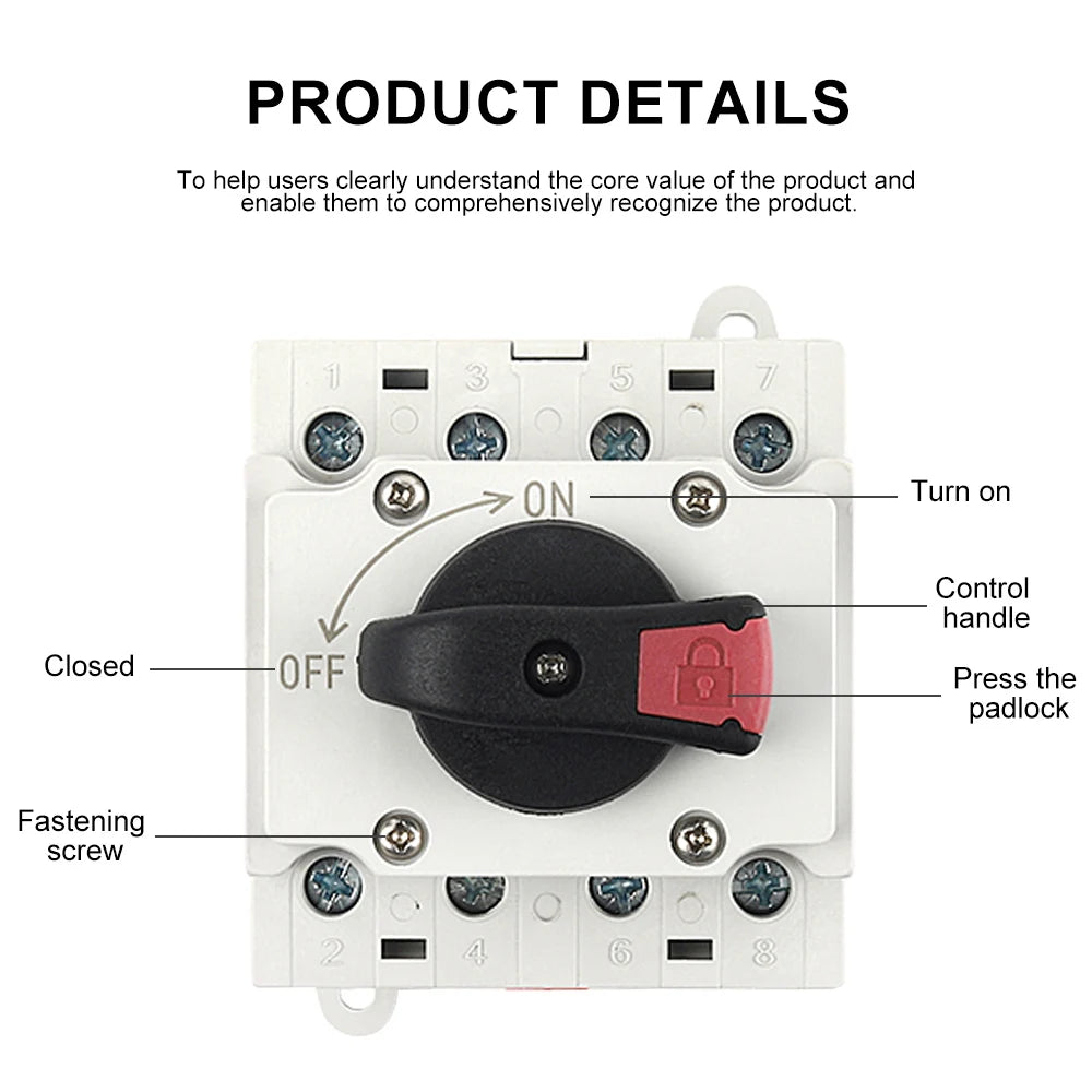 4P DIN-Rail Mount DC Isolator Rotary Switch 32A DC 1200V/1500V Rotating Handle Disconnect Switch for PV Distribution Box