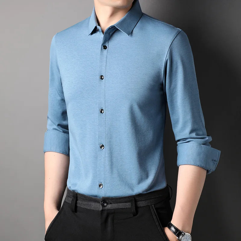 Top Grade Mulberry Silk 5.2% New Slim Fit Fashion Designer Brand Luxury Men Shirts 2025 Long Sleeve Plain Casual  Mens Clothes