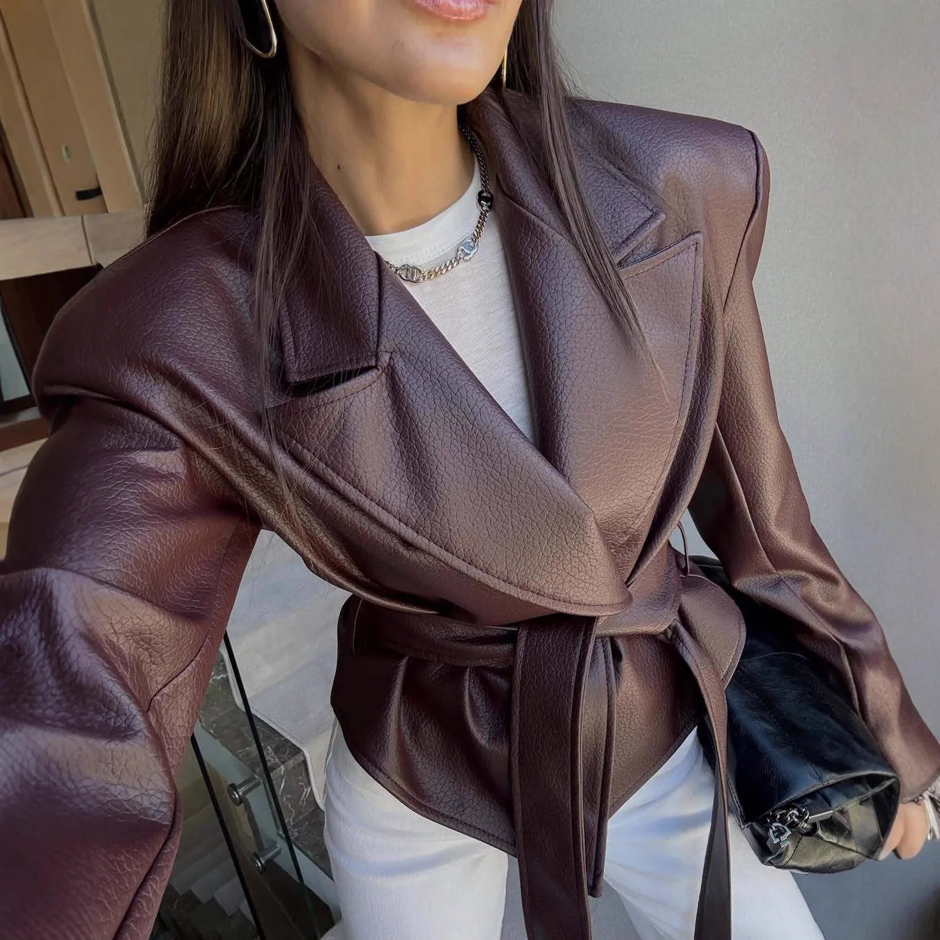 Motorcycle PU Leather Jacket Women 2026 Lace Up Turndown Collar Short Coat Jacket Full Sleeve Soft Leather Jacket New Outwear