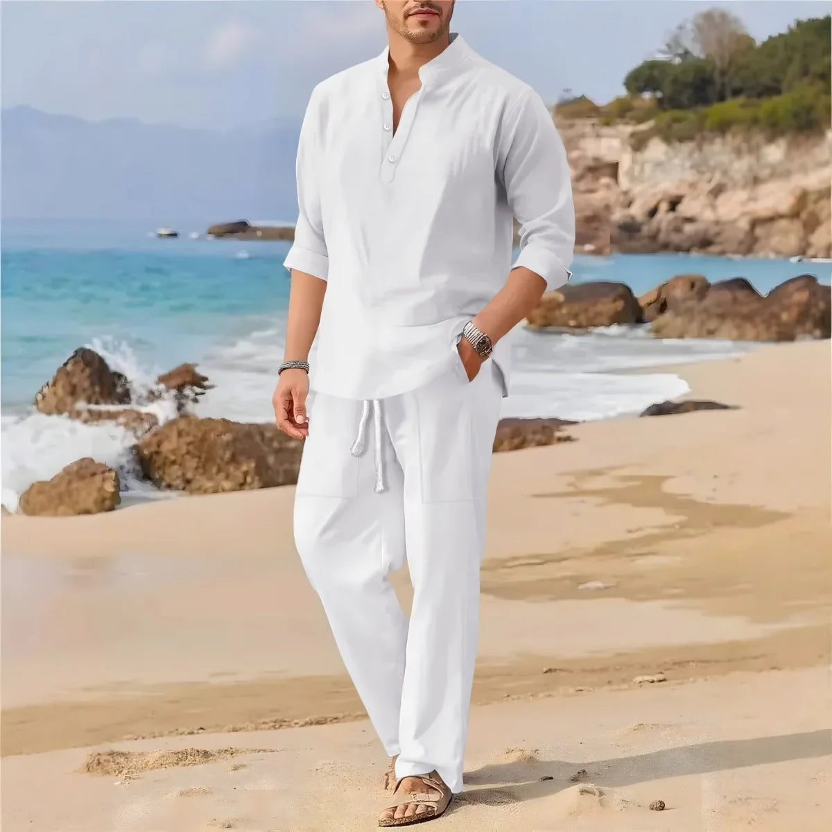 Men's Retro Cotton Linen Stand-Up Collar Long-Sleeved Suit Spring-Autumn Fashionable Loose Pure-Color Two-Piece Set