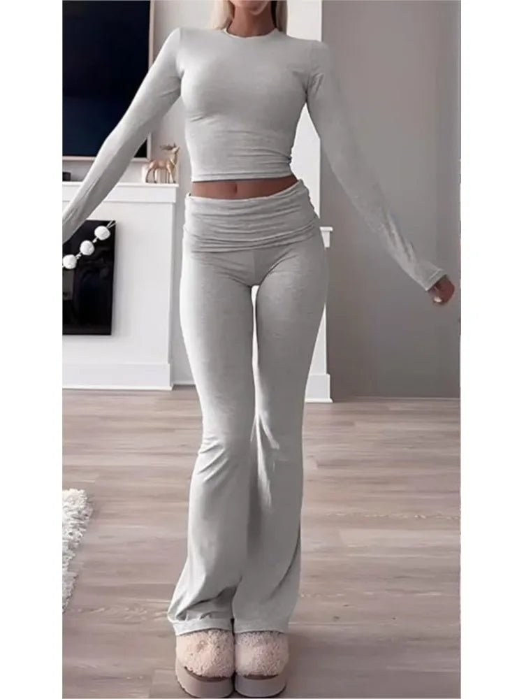 Lady Casual Solid Slim Set Fashion O Neck Long Sleeve Tops+High Waist Pants Two Piece Sets For Women Sports Womens Clothing New