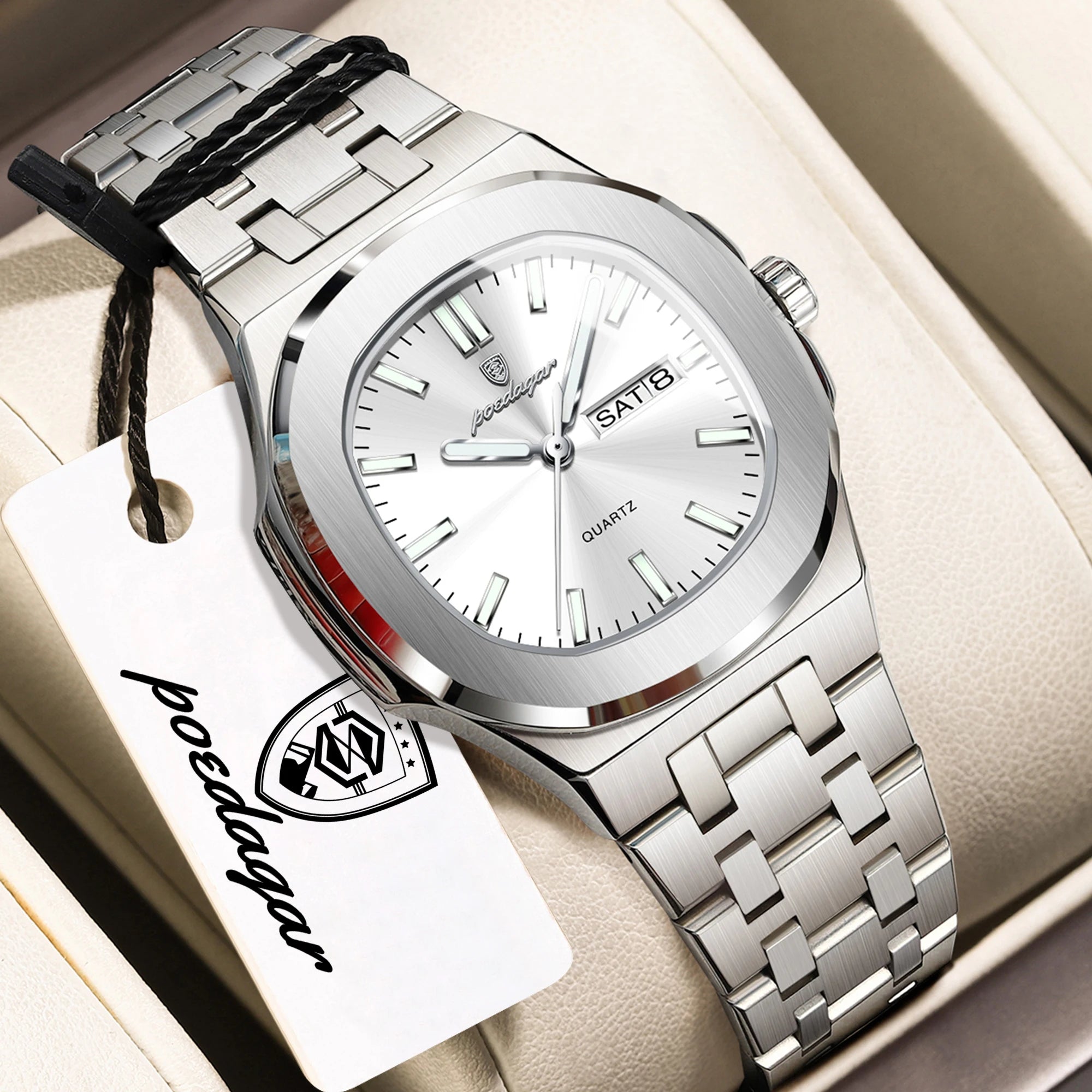 POEDAGAR Top Fashion Square Watch For Woman Luminous Waterproof Date Week Ladies Watch Stainless Steel Women's Quartz Wristwatch