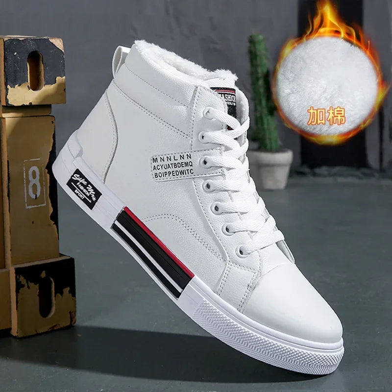 Men's Sneakers Fashion High-Top Leather Casual Shoes for Men Laced Ankle Boots Winter Plush Warm Cotton Shoes Кроссовки Мужские