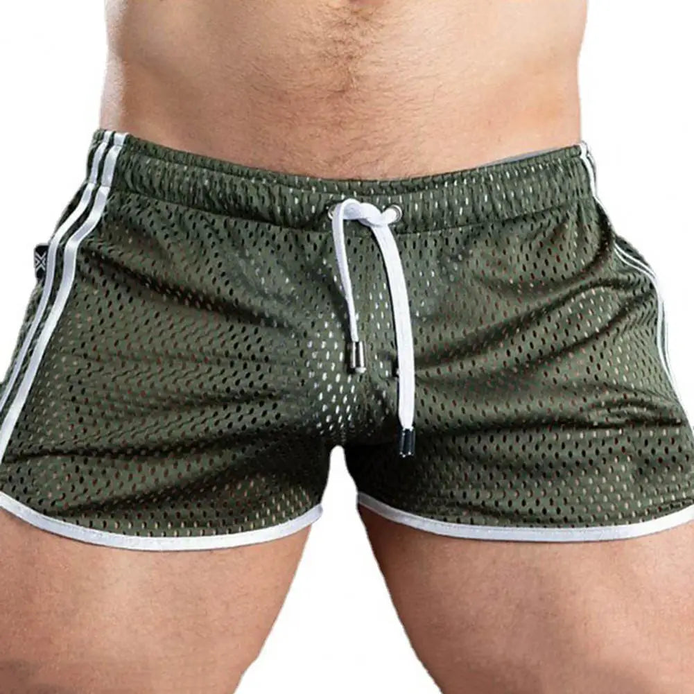 Summer Men Sport Shorts Color Matching Hollow Mesh Loose Drawstring Elastic Waist Quick Dry Jogging Gym Vacation Beach Shorts