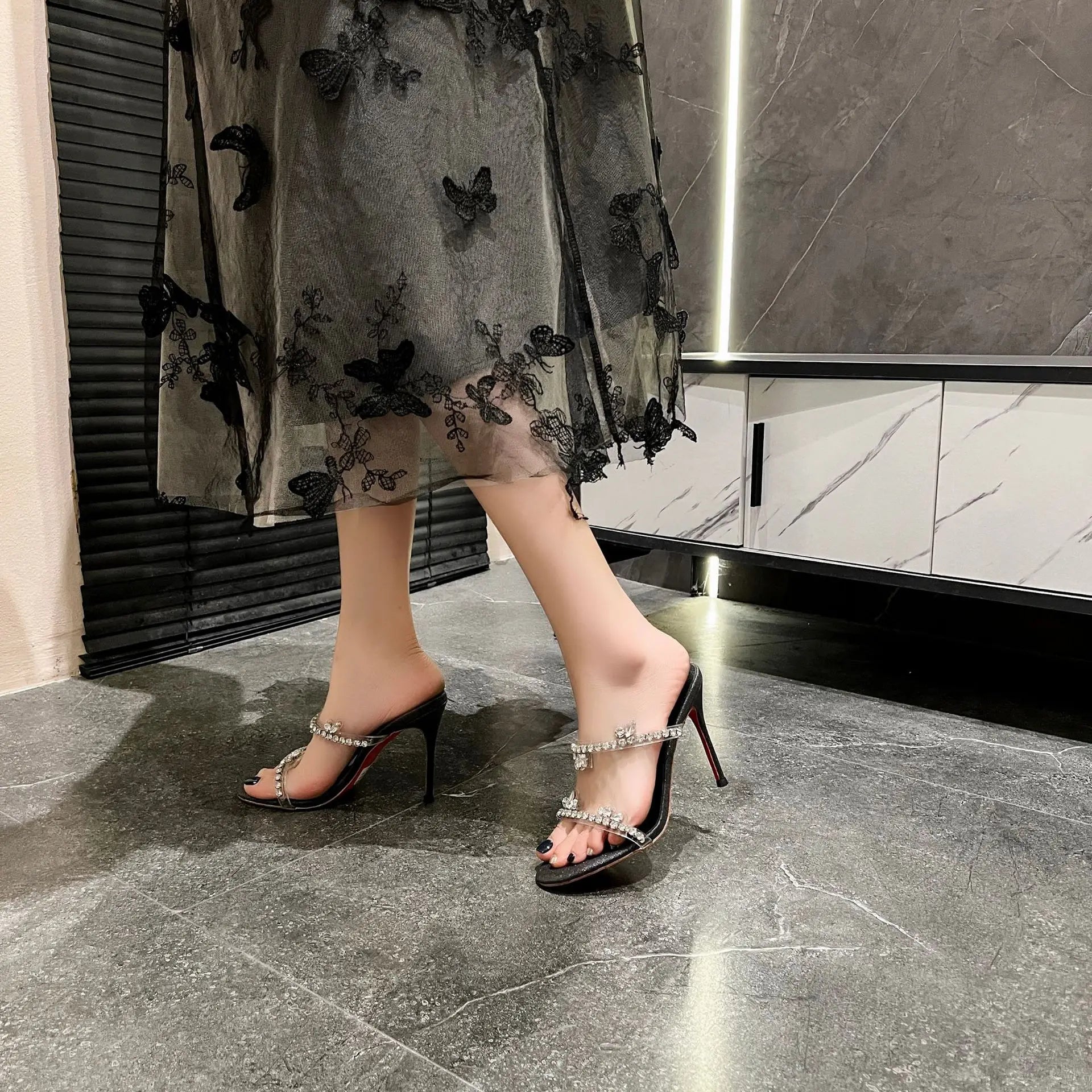 Size 33-41 Summer New Sandals with Transparent Crystal Rhinestones High-heeled Stiletto Women's Slippers  Designer Shoes