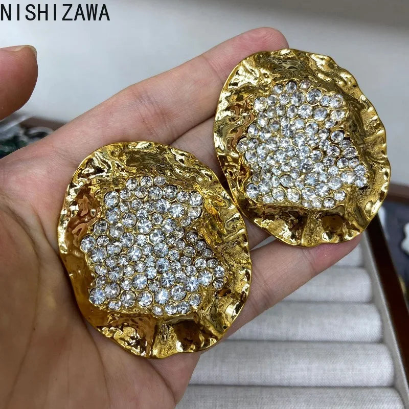 NISHIZAWA Rhinestones Earrings for Women Gold Color Palace Style Statement Jewelry Retro Fashion Elegant Aretes De Mujer